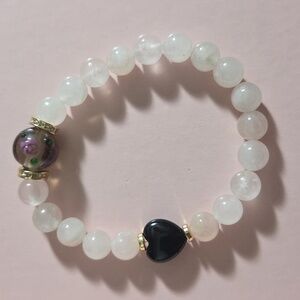 Natural Rose Quartz/Black Onyx And Lamp Work Beads Bracelet
